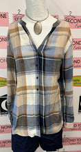 Load image into Gallery viewer, Blue & Tan Plaid Collarless Button Shirt (Size XL)