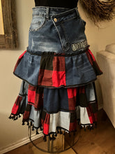 Load image into Gallery viewer, Upcycled Denim Plaid "Motorcycle" Skirt (Size Medium)