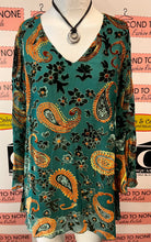 Load image into Gallery viewer, Teal Velvet Paisley Bell Sleeve Blouse (Size XL)