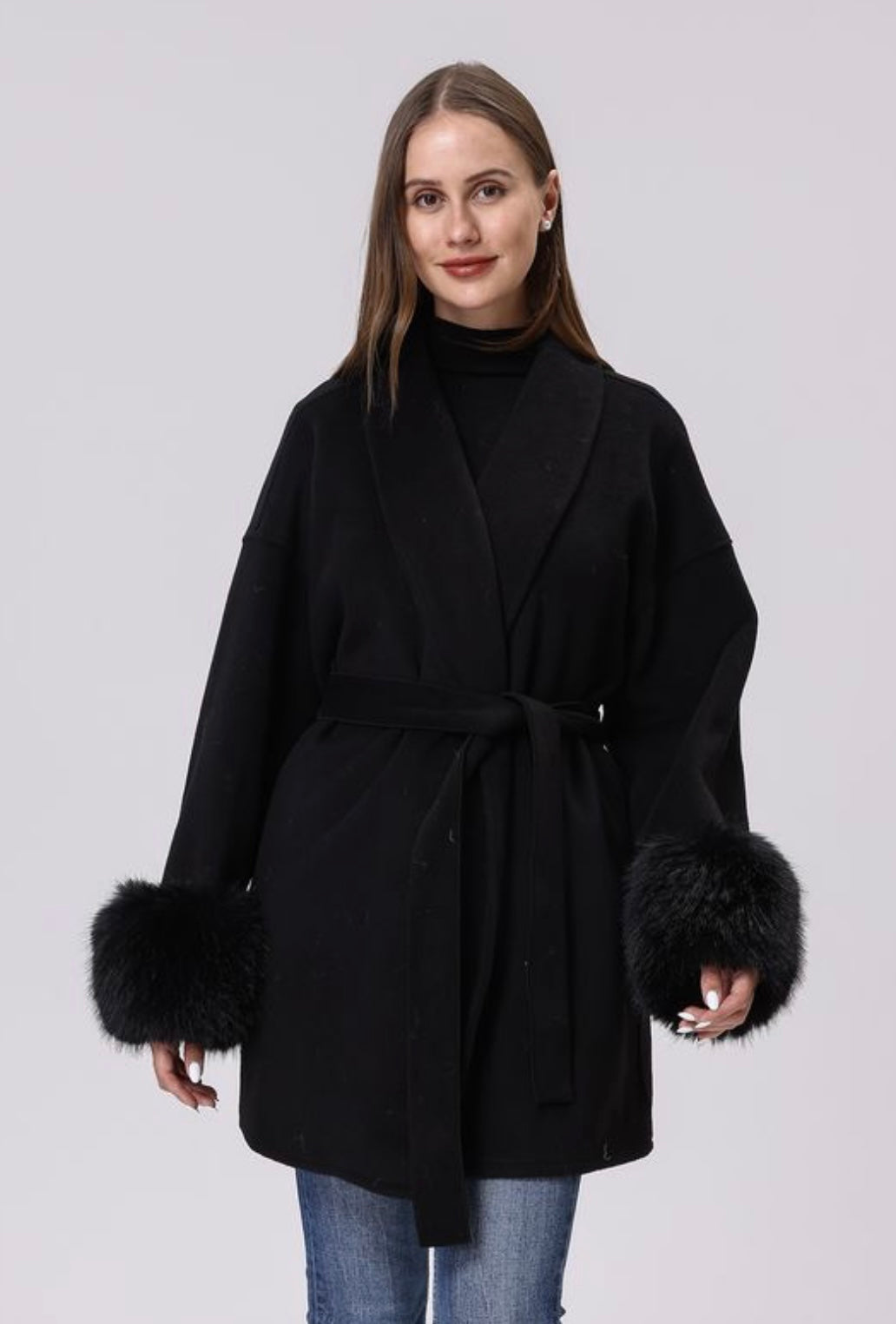 Belted Coat with Faux Fur Cuff (2 Colors)