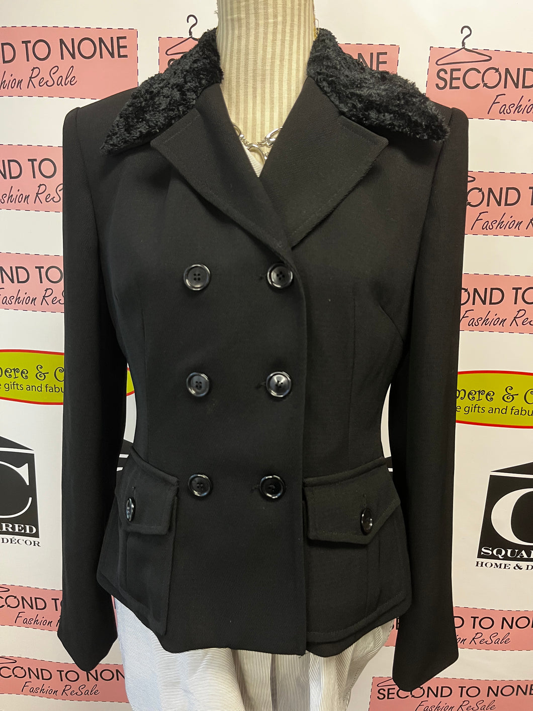 Vintage Fur Collar Black Blazer (Size 6)