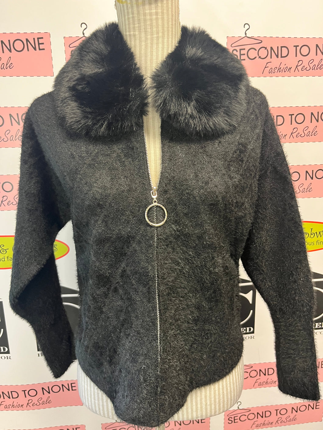 Faux Fur-Collar Zipper Front Cardigan (2 Colors)