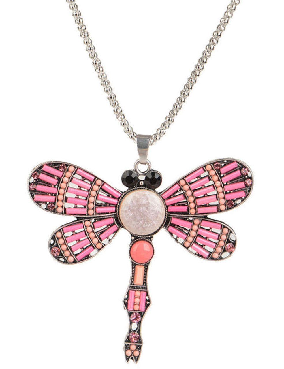 Long Beaded Pink Dragonfly Necklace