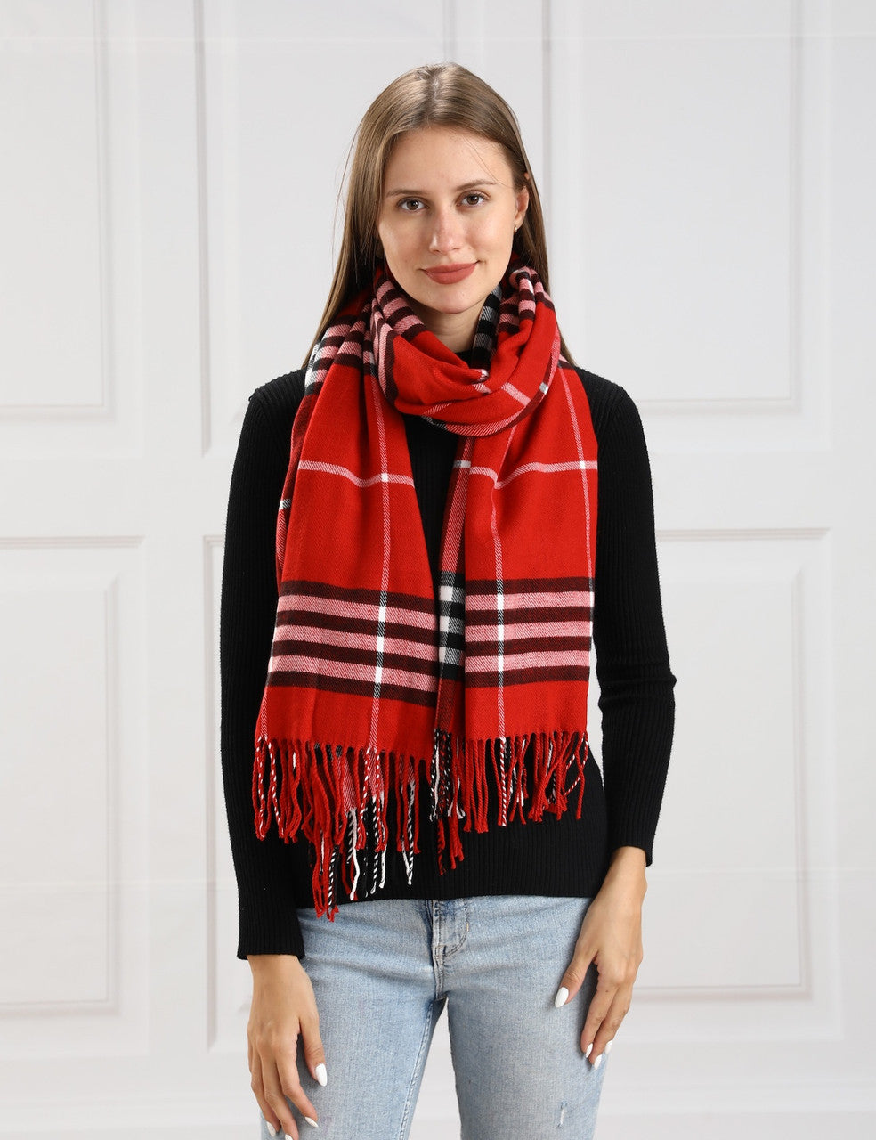 Red Plaid Fringe Scarf