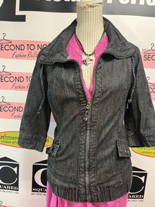 Crop Sleeve Black Denim Jacket (Size L)