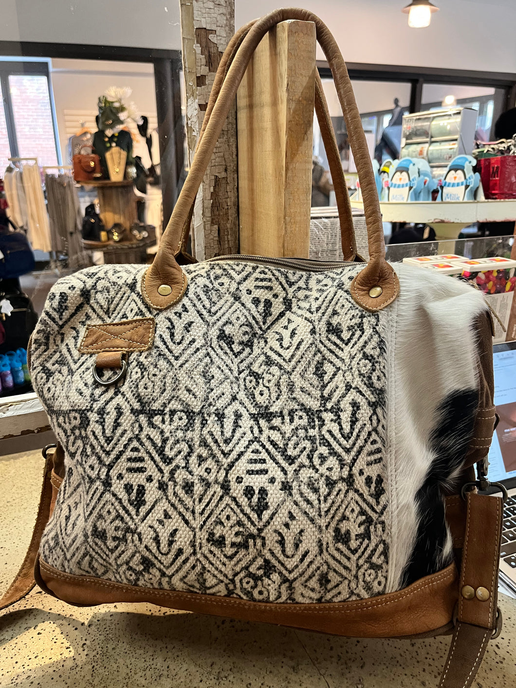 Canvas & Genuine Cowhide Tote Bag