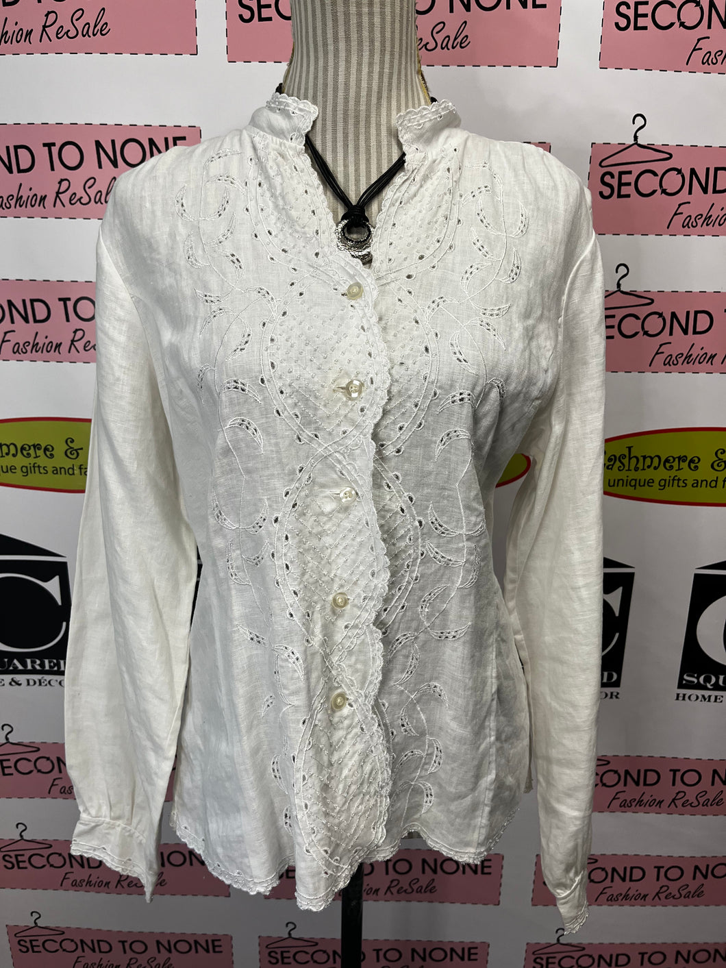 White Beaded Linen Top (Size XL)