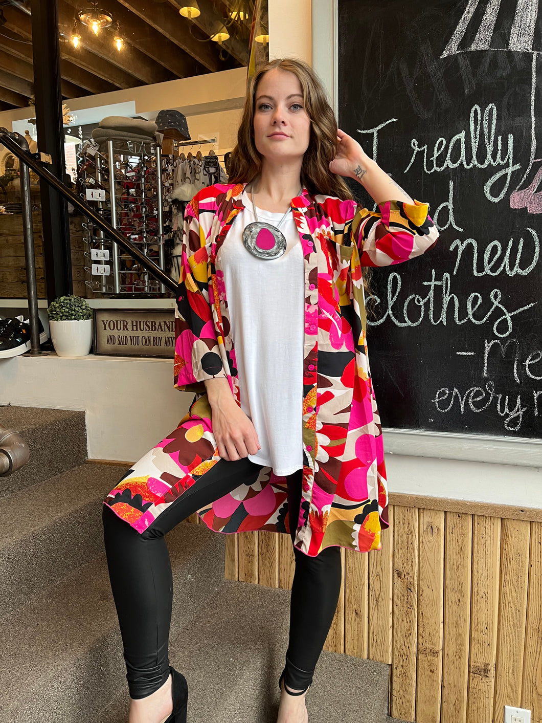 Vibrant Flower-Power Button-Front Tunic