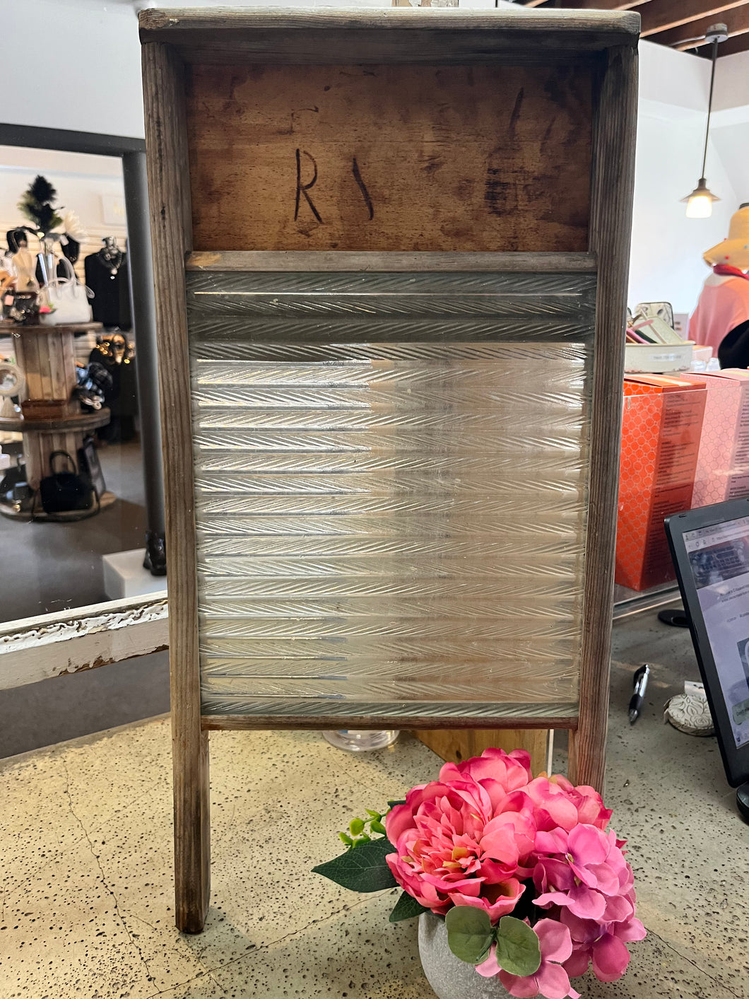 Antique Glass & Wooden Washboard