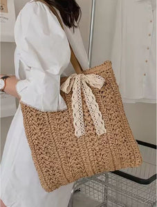 Straw Tote with Lace Bow Bag