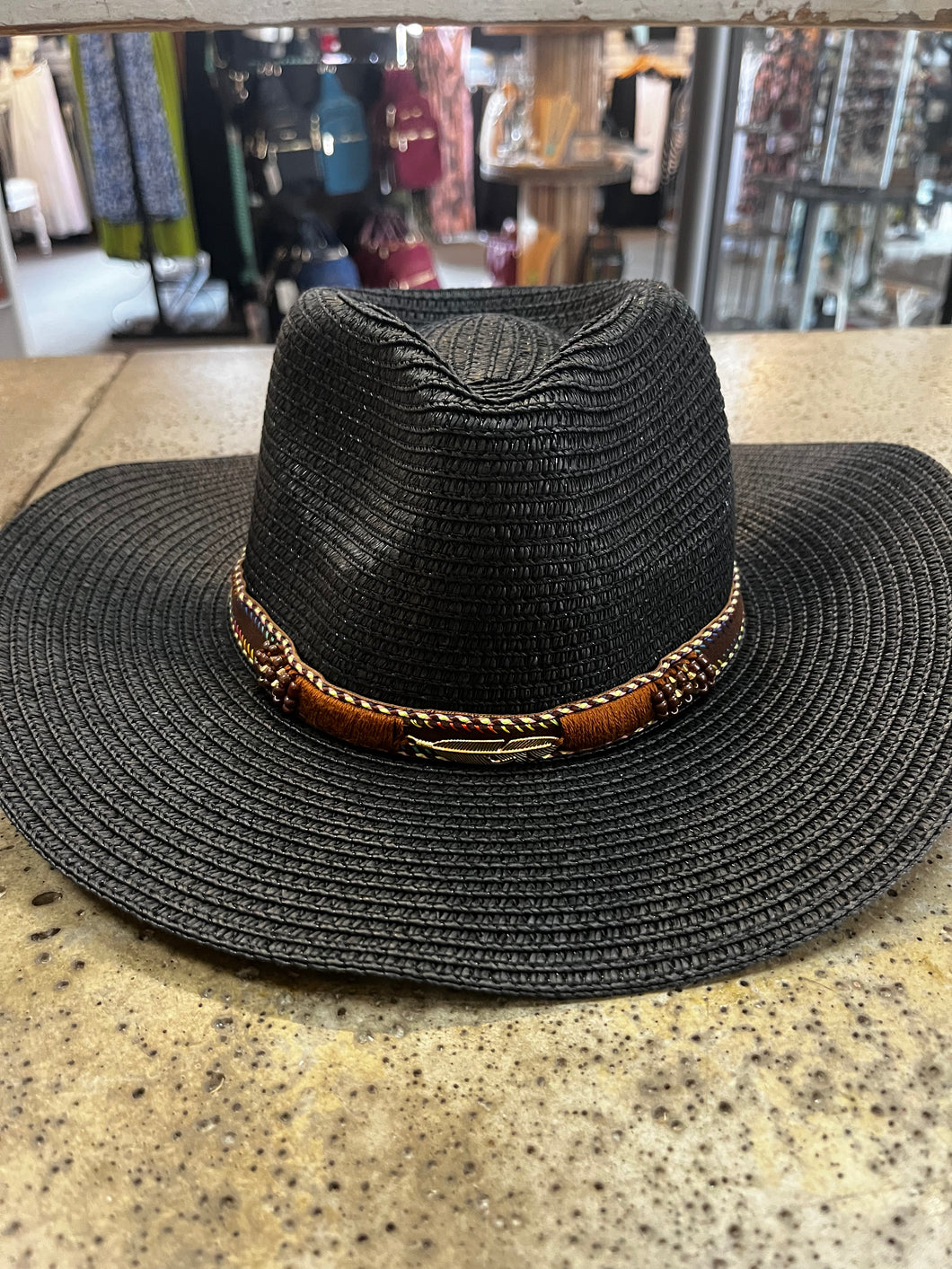 Black Cowboy Hat with Faux Leather Strap (Only 1 Left!)