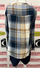 Load image into Gallery viewer, Blue &amp; Tan Plaid Collarless Button Shirt (Size XL)
