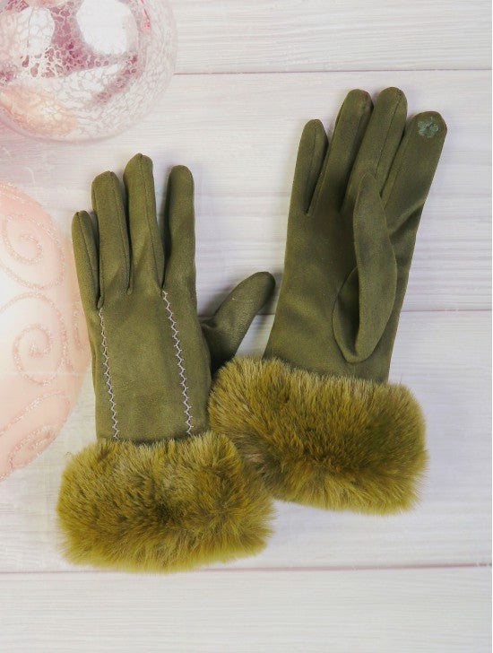 Olive Green Faux-Fur Trimmed Gloves