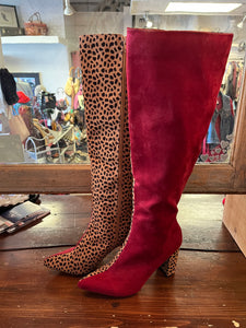 Burgundy & Animal Print Split Boots (Size 10)