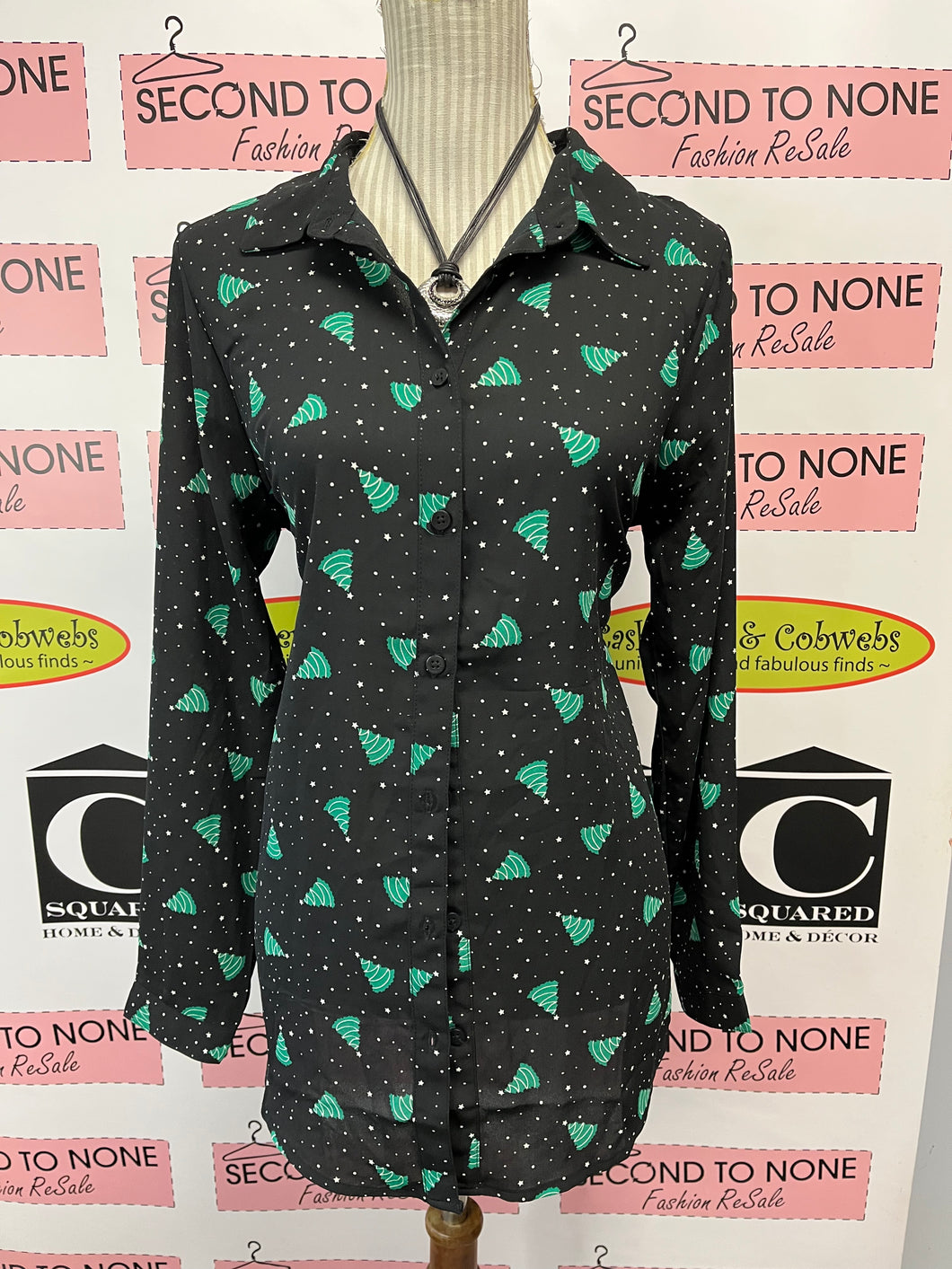 Christmas Tree Print Long Blouse (Size M)