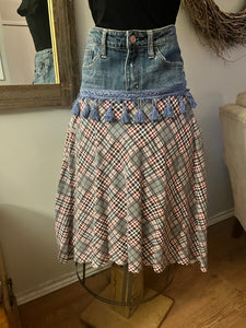 Upcycled Denim With Plaid Flannel High-Low Longer Skirt (Size 8)