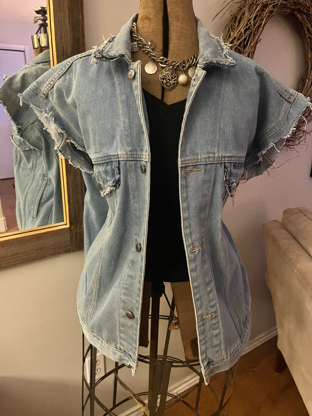 Upcycled Unisex Denim Skull Patch Vest 
