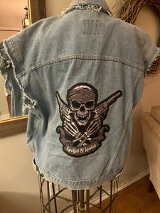 Upcycled Unisex Denim Skull Patch Vest "Locked & Loaded" (Size L-XXL)