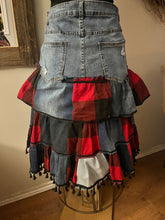 Load image into Gallery viewer, Upcycled Denim Plaid &quot;Motorcycle&quot; Skirt (Size Medium)
