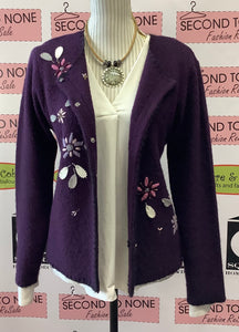 Cárdigan de lana con parche morado de Liz Claiborne (M)