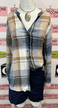 Load image into Gallery viewer, Blue &amp; Tan Plaid Collarless Button Shirt (Size XL)
