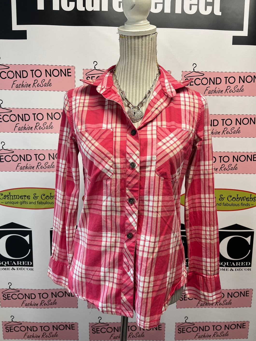 Pink Plaid Button Up Shirt (Size S)