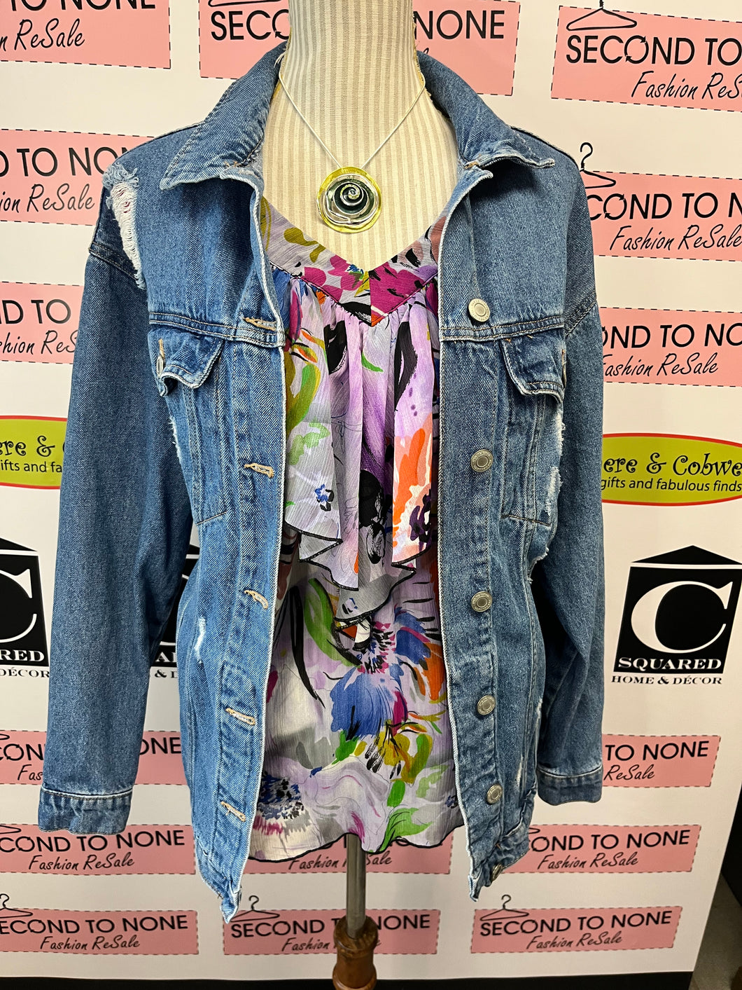 Over-Sized Distressed Jean Jacket (Size XS)