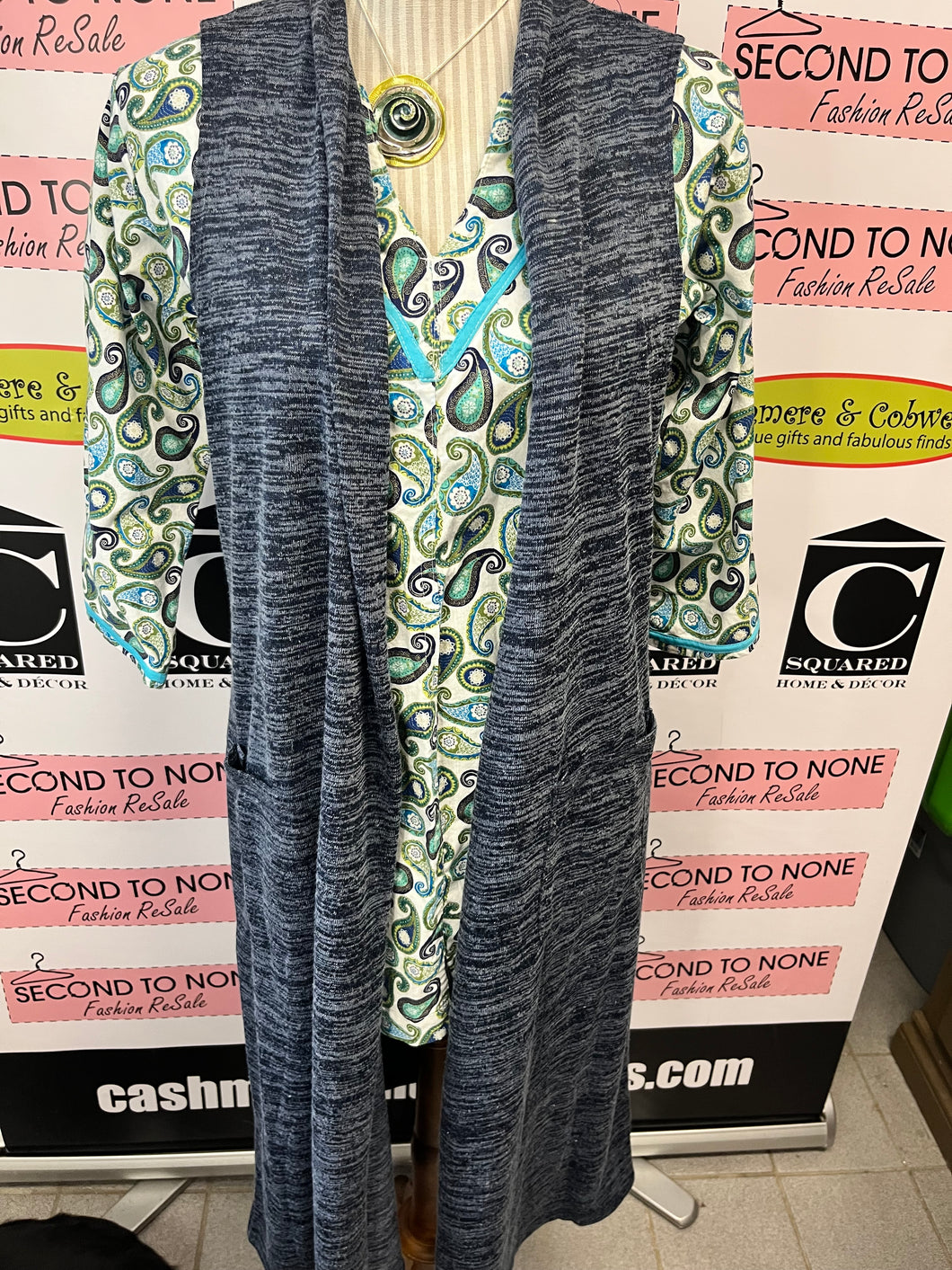 Long Denim-Look Sweater Vest (Size M)