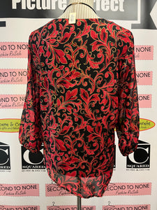 Red & Gold Print Sheer Sleeve Top (Size M)