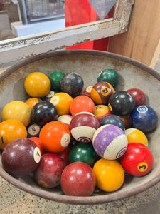 Vintage Billiard Balls in Steel Bowl