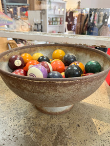 Vintage Billiard Balls in Steel Bowl