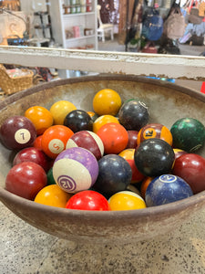 Vintage Billiard Balls in Steel Bowl